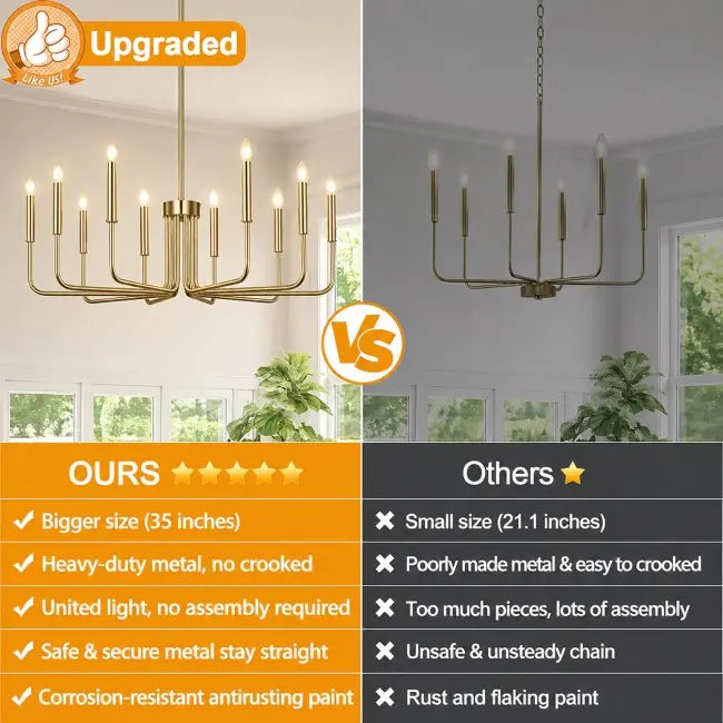 Gold 10-light farmhouse chandelier for dining room, vintage candle-style hanging ceiling light fixture for living room, foyer, kitchen island, and bedroom.