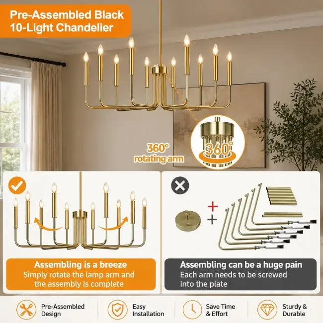 Gold 10-light farmhouse chandelier for dining room, vintage candle-style hanging ceiling light fixture for living room, foyer, kitchen island, and bedroom.