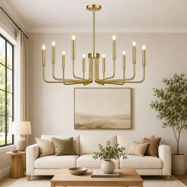 Gold 10-light farmhouse chandelier for dining room, vintage candle-style hanging ceiling light fixture for living room, foyer, kitchen island, and bedroom.