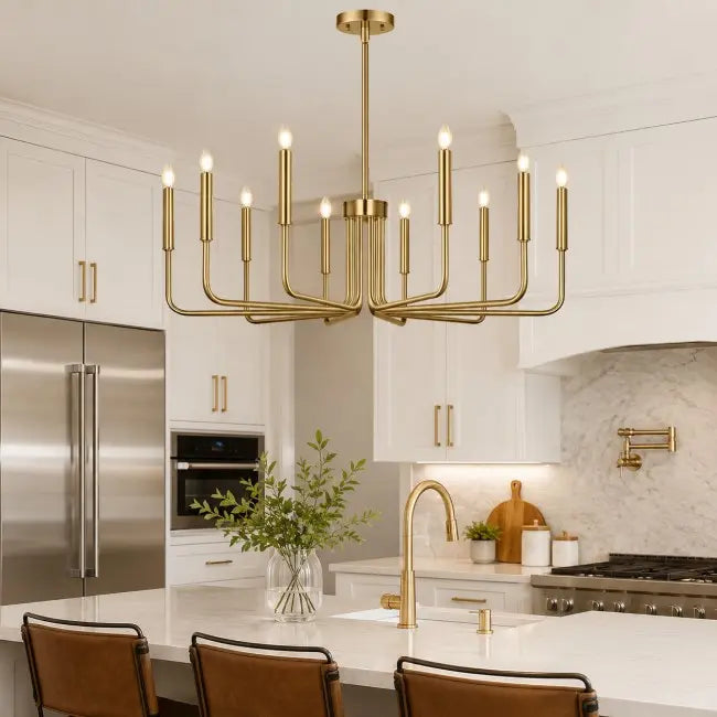 Gold 10-light farmhouse chandelier for dining room, vintage candle-style hanging ceiling light fixture for living room, foyer, kitchen island, and bedroom.