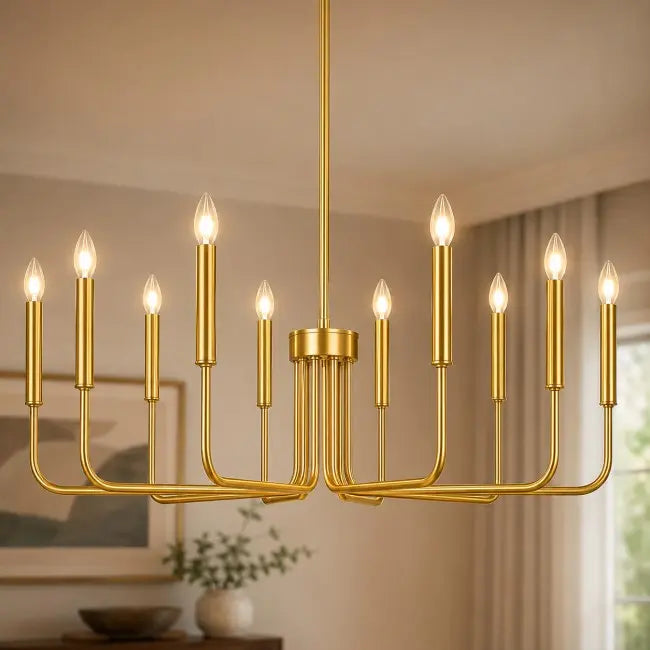 Gold 10-light farmhouse chandelier for dining room, vintage candle-style hanging ceiling light fixture for living room, foyer, kitchen island, and bedroom.