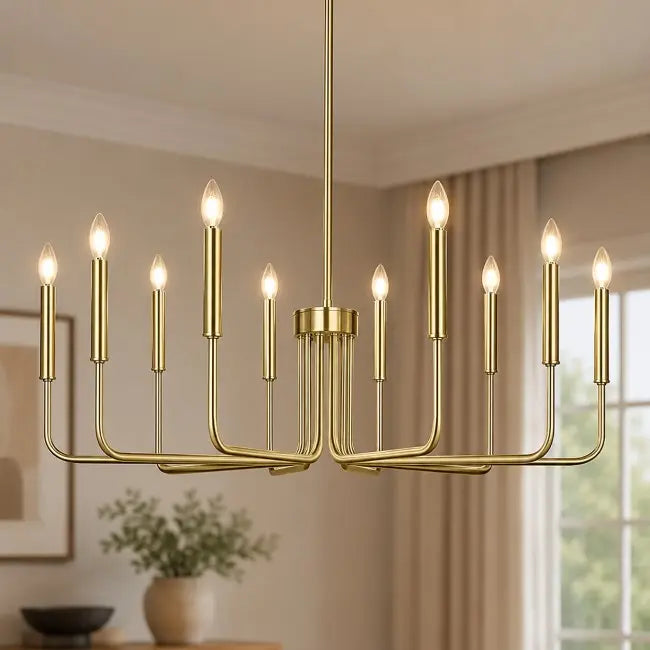 brass 10-light farmhouse chandelier for dining room, vintage candle-style hanging ceiling light fixture for living room, foyer, kitchen island, and bedroom.