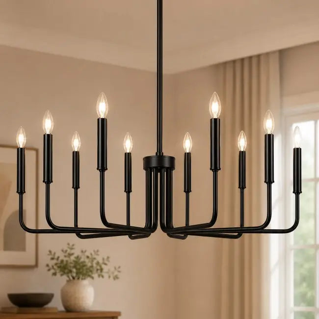 matte black 10-light farmhouse chandelier for dining room, vintage candle-style hanging ceiling light fixture for living room, foyer, kitchen island, and bedroom.