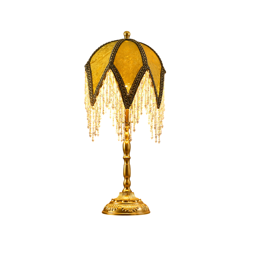 Aurelia Vintage Fringed Table Lamp - Amber Stained Glass