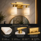 A modern two-light wall sconce with brushed gold metal hardware, frosted white cylindrical glass shades, and warm white illumination, shown mounted above a round mirror in a bathroom setting. Text below highlights the product's modern elegant design, textured frosted glass, brushed gold finish, and durable construction.