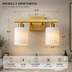 A two-light wall sconce with a brushed gold metal frame and white cylindrical fabric shades, shown with overlaid product dimension labels and a feature summary bar at the bottom.