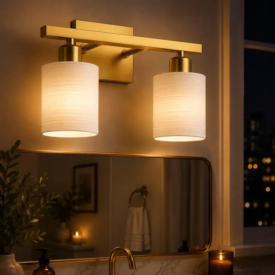 A modern two-light bathroom vanity wall sconce with a brushed gold metal frame and cylindrical white fabric shades, shown illuminated above a mirror in a real bathroom setting at night.