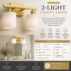 A promotional graphic for a 2-light vanity light fixture. The top section shows the gold double-arm wall sconce with two white cylindrical frosted glass shades against a light gray background, with the text '2-LIGHT VANITY LIGHT.