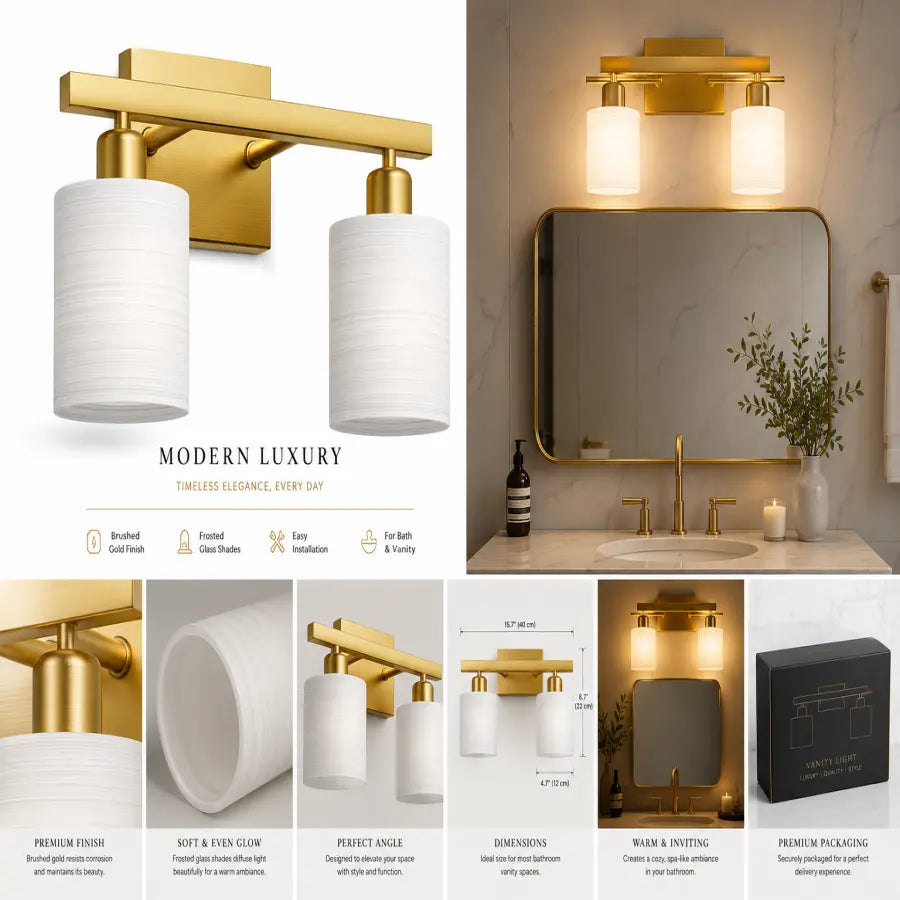 A collage-style product listing for a modern wall-mounted bathroom light fixture. The main product is shown in multiple views: a large front view with two white cylindrical shades and a brushed gold horizontal bar, a bathroom installation above a sink and mirror, close-up detail shots, dimensions, features icons, and a black product box.