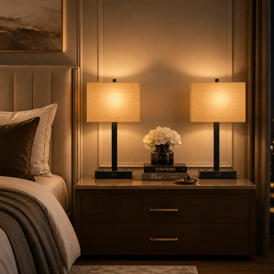 Two matching table lamps with beige fabric shades and black bases sit on a dark wood nightstand in a warmly lit bedroom. A bed, decorative flowers, books, and a paneled wall are visible.