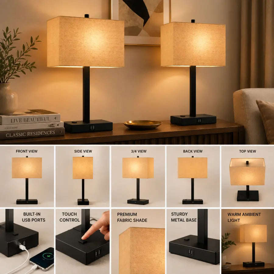 A collage showing a table lamp from multiple angles and feature callouts. The lamp has a warm beige fabric shade, a slim black metal stem, and a square black base.