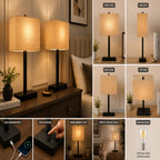 A collage showing a table lamp from multiple angles in a bedroom setting, including front, side, back, top views, a charging port detail, touch control close-up, warm light mode, and an included bulb. The lamp has a black rectangular base and stem with a warm beige fabric drum shade, glowing with a yellow light.
