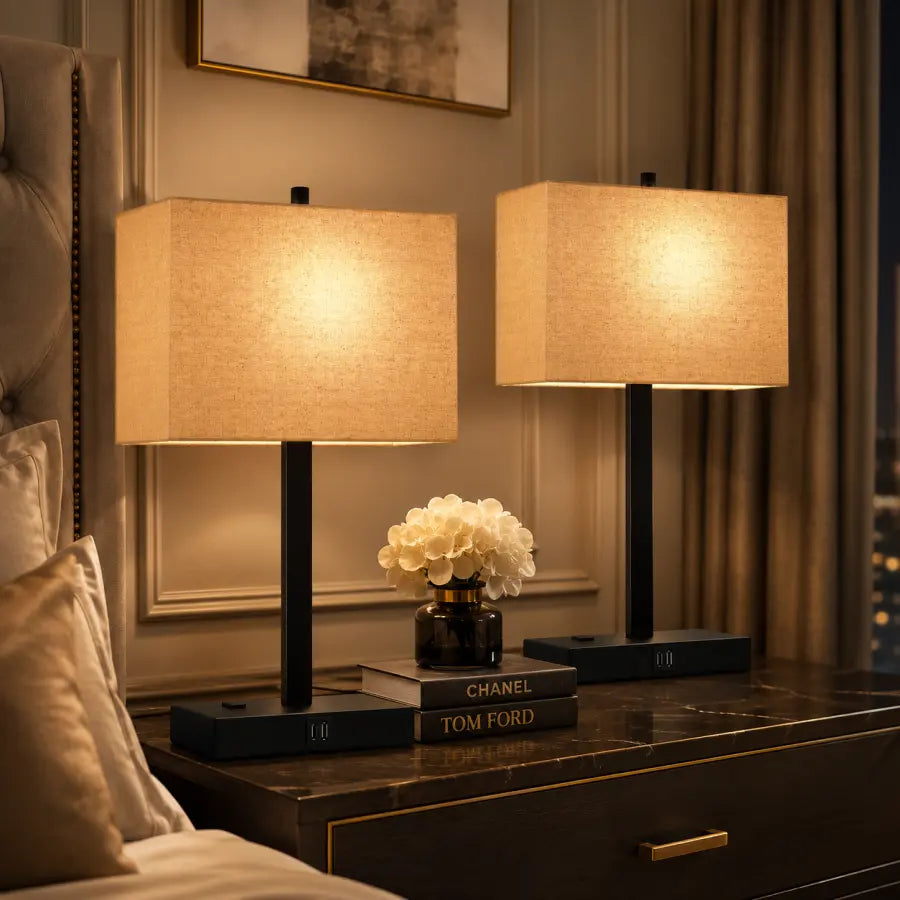 Two matching table lamps with beige fabric shades and black bases sit on a dark wood nightstand in a styled bedroom setting. Decorative books, a small vase of white flowers, pillows, curtains, and wall paneling are visible around them.