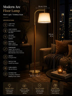 A modern arc floor lamp shown in a dimly lit living room setting at night, with overlaid dimensions (33 cm shade width, 155 cm total height, 26 cm base diameter) and product specifications on the left side.
