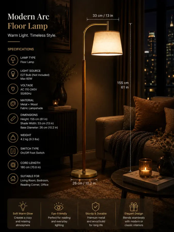 A modern arc floor lamp shown in a dimly lit living room setting at night, with overlaid dimensions (33 cm shade width, 155 cm total height, 26 cm base diameter) and product specifications on the left side.
