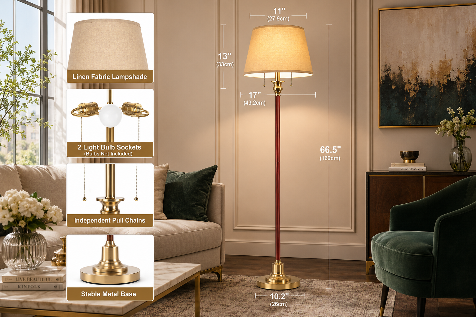 Vintage Brass ; Mahogany Floor Lamp
