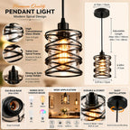 A product infographic for a spiral pendant light, showing the hanging lamp, dimension labels, close-up feature callouts, bulb base details, and installation benefits on a beige background.