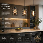 Three modern pendant lights with black metal wire crisscross frames and warm glowing bulbs, hanging over a kitchen island. The scene includes kitchen cabinetry, a marble countertop, stools, and promotional text highlighting warm ambient light, durable metal frame, easy installation, and suitability for kitchen island, dining area, bedroom, or living room.