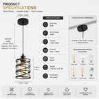 Product specifications and dimensions diagram for a modern spiral LED filament light fixture, showing measurements, rated specs, bulb base type, recommended bulb types, and feature icons on a white background.