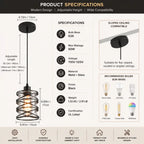 Product specifications and dimensions diagram for a modern spiral pendant light fixture, showing measurements, compatible bulb types, and feature icons on a dark background.