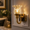 A brass wall sconce with a clear textured glass shade, illuminated and mounted on a white wall outlet in a home interior setting.