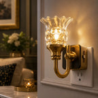 A brass wall sconce with a clear textured glass shade, illuminated and mounted on a white wall outlet in a home interior setting.