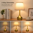 3-way dimmable touch table lamp with lilen fabric , modern gold bedside lamp on a wooden side table in a cozy living room