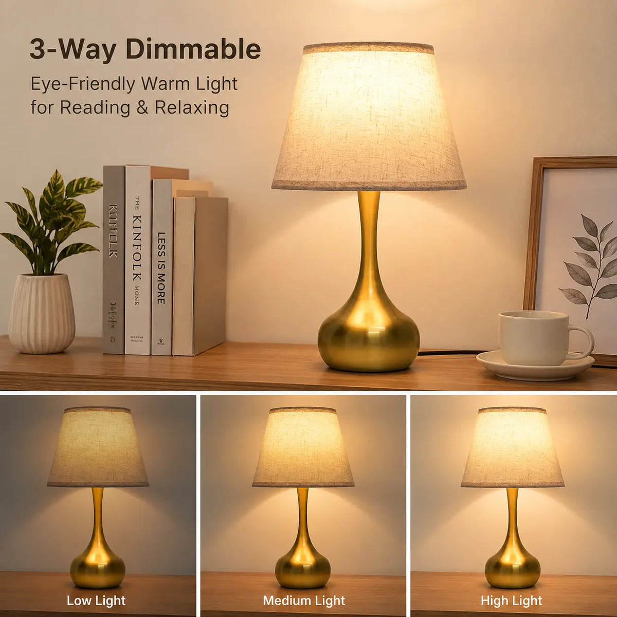 3-way dimmable touch table lamp with lilen fabric , modern gold bedside lamp on a wooden side table in a cozy living room