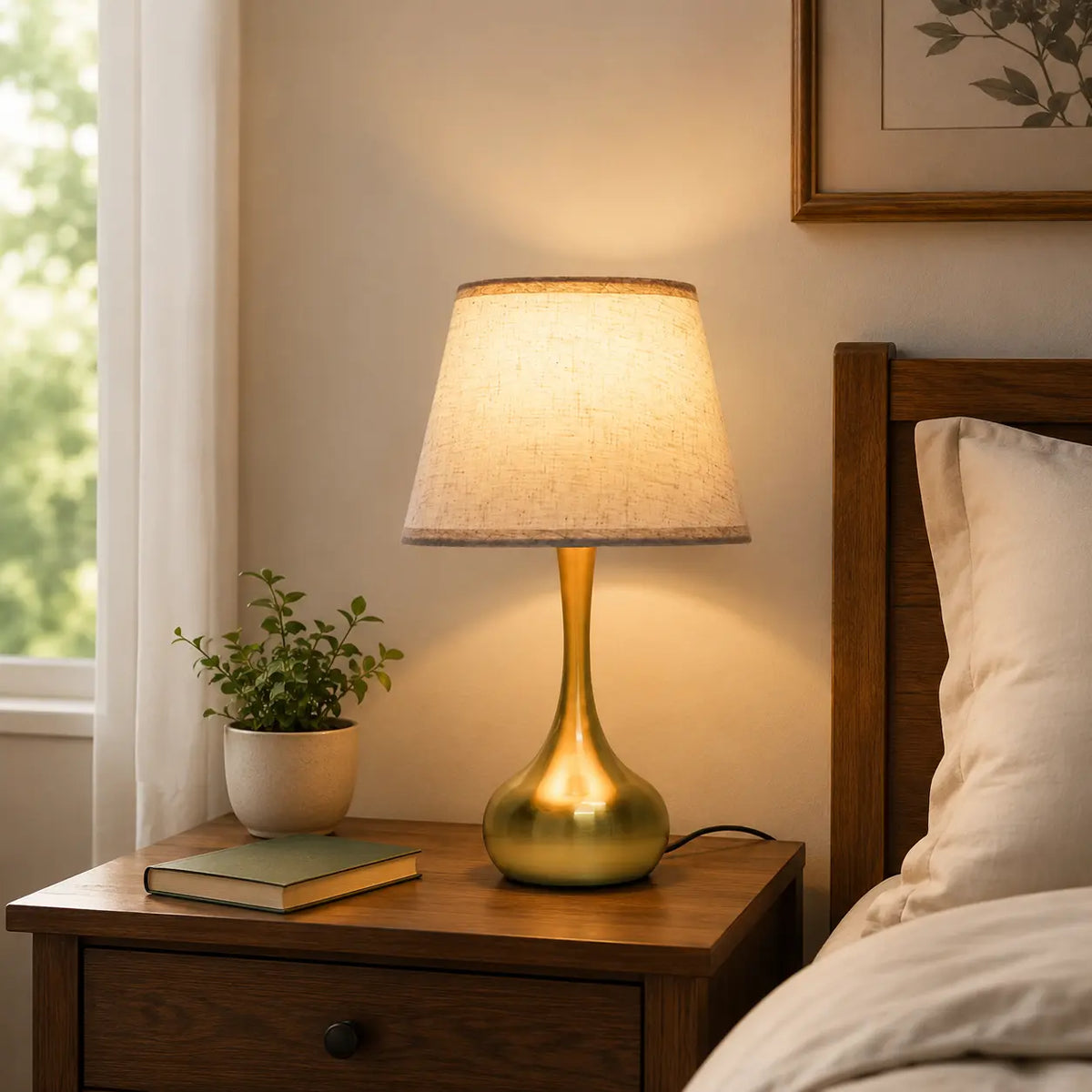 3-way dimmable touch table lamp with lilen fabric , modern gold bedside lamp on a wooden side table in a cozy living room