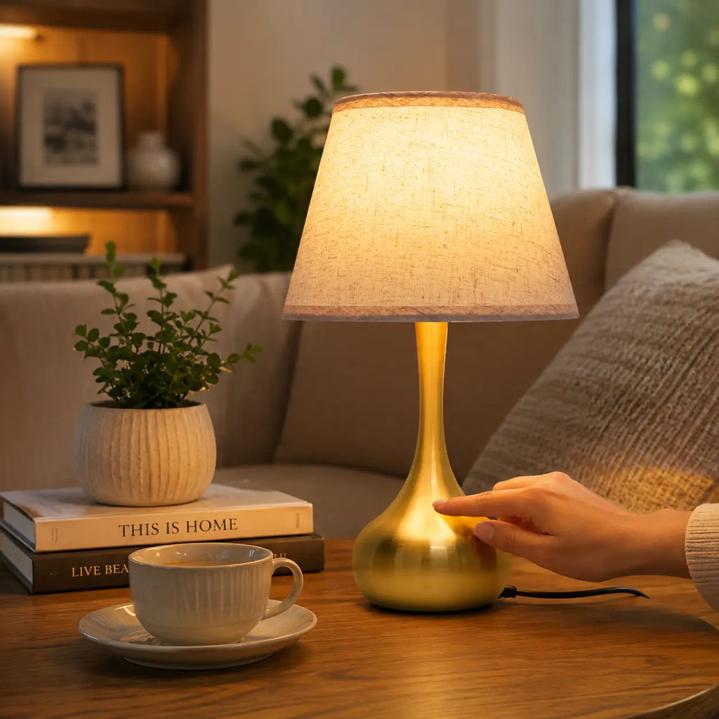 3-way dimmable touch table lamp with lilen fabric , modern gold bedside lamp on a wooden side table in a cozy living room