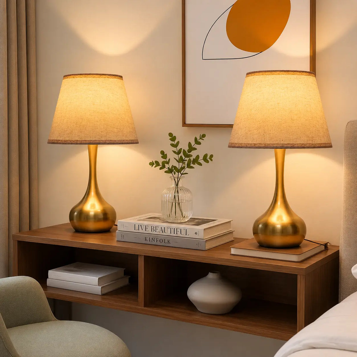 3-way dimmable touch table lamp with lilen fabric , modern gold bedside lamp on a wooden side table in a cozy living room