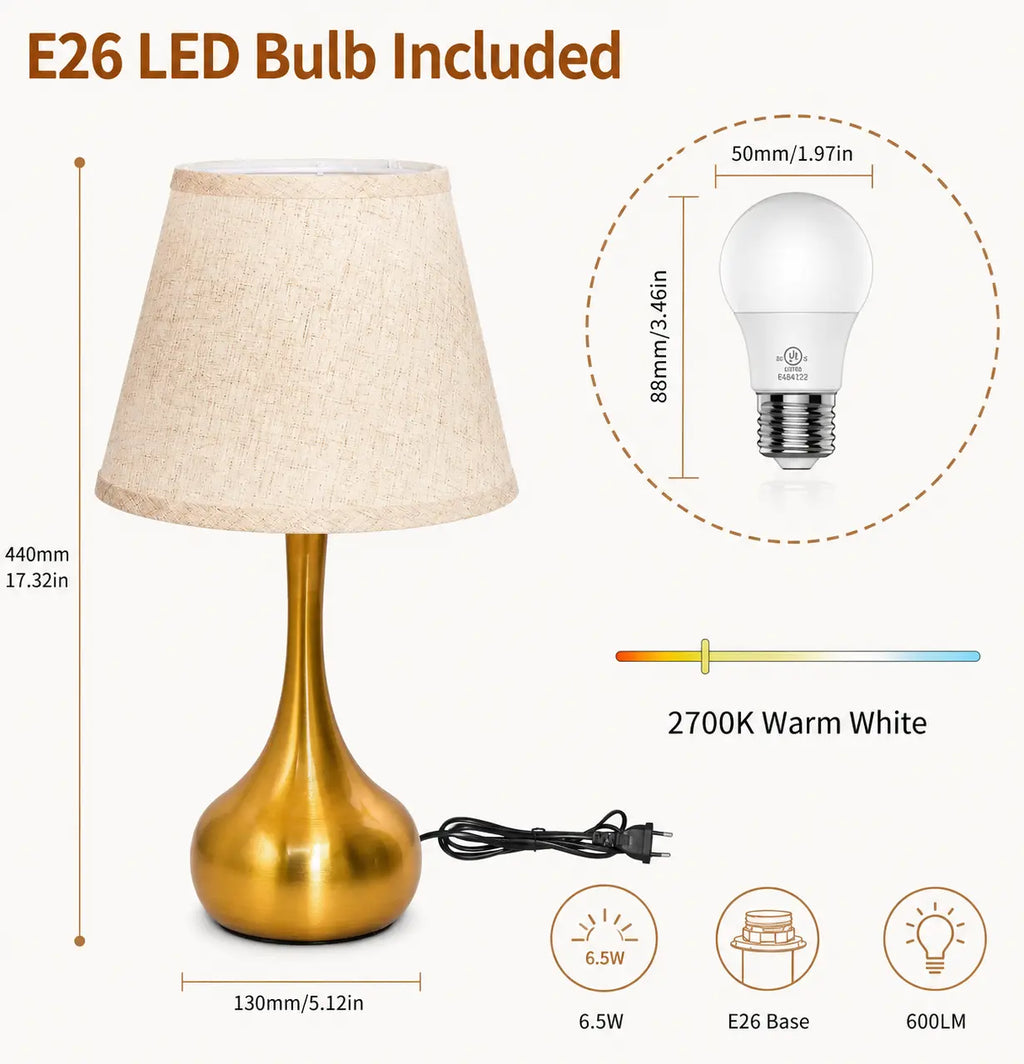 3-way dimmable touch table lamp with lilen fabric , modern gold bedside lamp on a wooden side table in a cozy living room