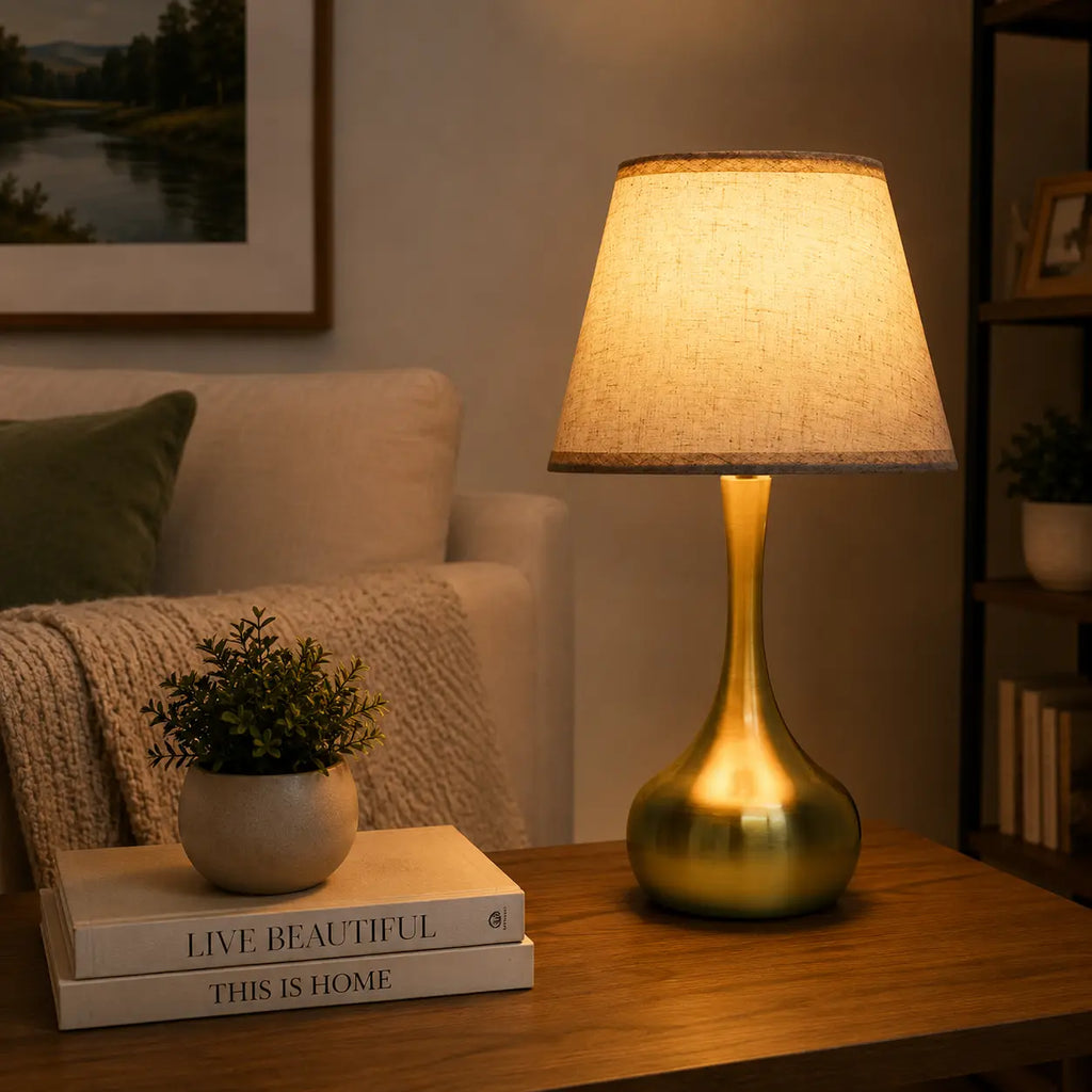 3-way dimmable touch table lamp with lilen fabric , modern gold bedside lamp on a wooden side table in a cozy living room