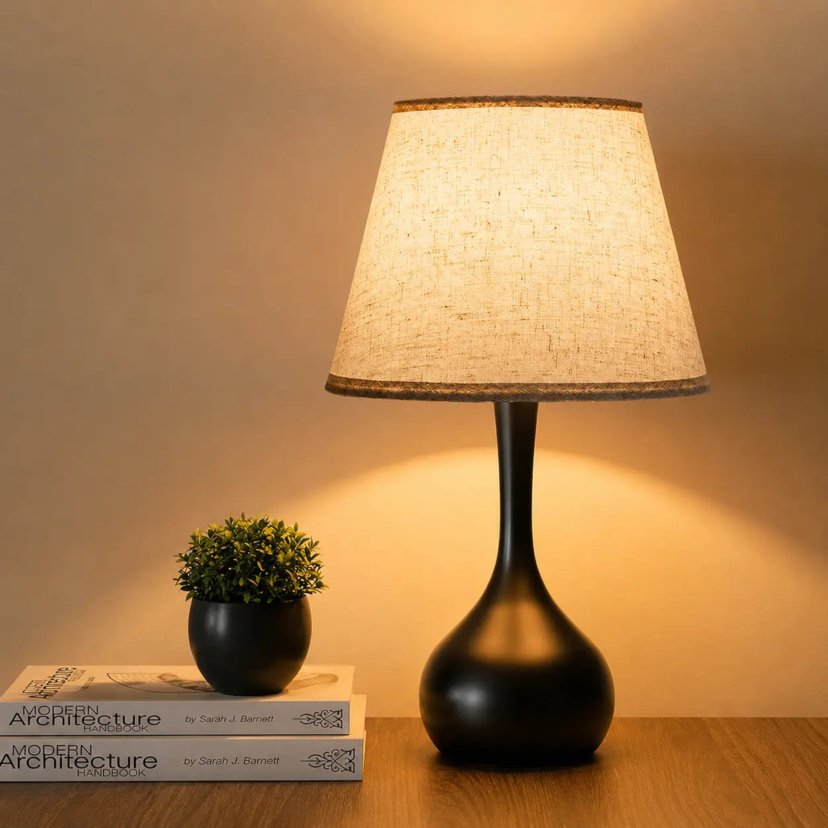 3-way dimmable touch table lamp with lilen fabric , modern black bedside lamp on a wooden side table in a cozy living room