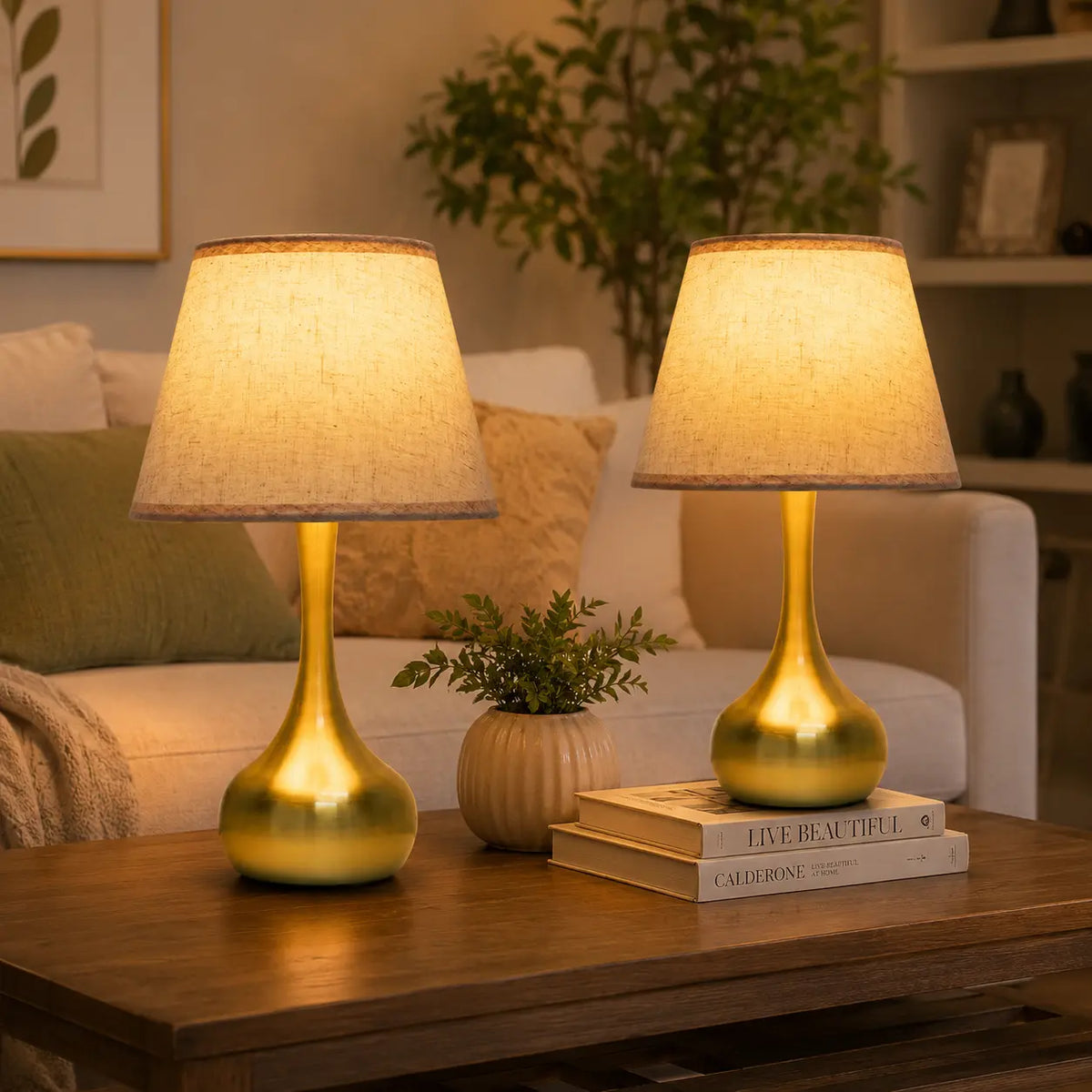 3-way dimmable touch table lamp with lilen fabric , modern gold bedside lamp on a wooden side table in a cozy living room