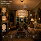 A handwoven rope pendant light shown hanging in a styled living room, with overlaid dimension labels for the fixture and feature callouts on the left. The scene is dimly lit to emphasize the warm light emitted by the pendant, and the room includes sofas, chairs, a fireplace, and a coffee table.
