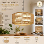 A woven pendant light fixture with a natural rattan or rope-wrapped drum shade hanging in a warm, styled interior. The image includes marketing text, room application examples (dining room, living room, bedroom), product size measurements, and technical specs like adjustable chain, base compatibility, and voltage.