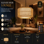 A woven natural-fiber pendant light in a warm beige tone, shown hanging in a modern living room setting. The image includes marketing text, product dimensions, power details, and a small 'Eco Friendly' badge.