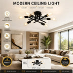 Modern multi-arm ceiling light fixture with six exposed Edison-style bulbs, shown installed in a bright contemporary living room. The image includes marketing text, size measurements, and feature icons for dimmability, easy installation, and durability.