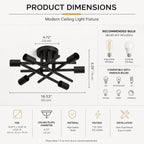 Product dimensions diagram for a modern ceiling light fixture, showing the black multi-arm ceiling mount with labeled measurements, bulb recommendations, bulb compatibility, and feature icons on a white background.