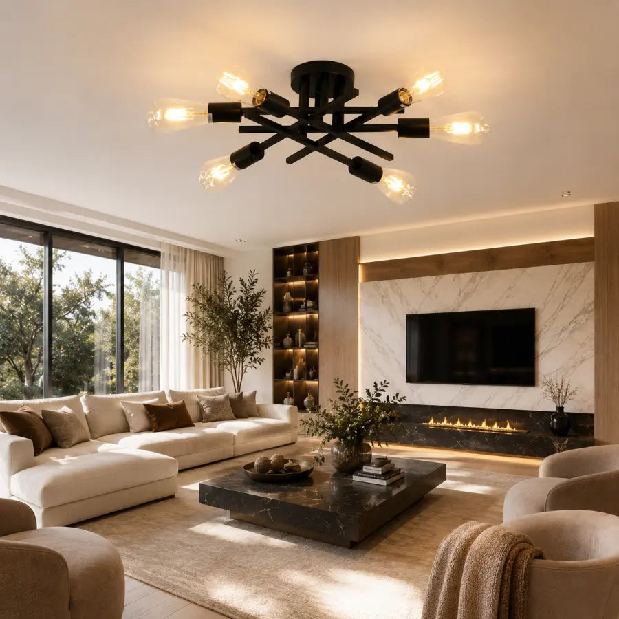 6-Light Modern Black Sputnik Ceiling Light Fixture  Semi Flush Mount Matte Metal Chandelier  E26 Base for Living Room, Bedroom, Dining Room & Kitchen