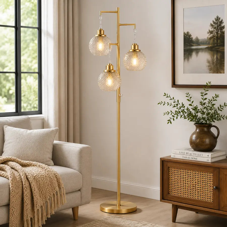 68 Brushed Gold Glass Floor Lamp for Living Room  3-Light Amber Diamond Glass Standing Lamp with Stepless Dimming & 3 LED Bulbs Included for Bedroom, Office & Modern Home Décor