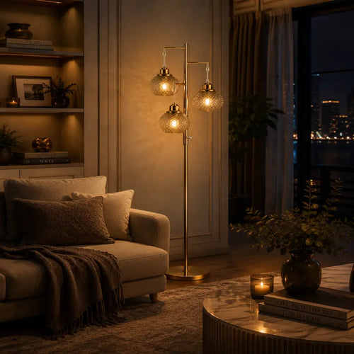 68 Brushed Gold Glass Floor Lamp for Living Room  3-Light Amber Diamond Glass Standing Lamp with Stepless Dimming & 3 LED Bulbs Included for Bedroom, Office & Modern Home Décor