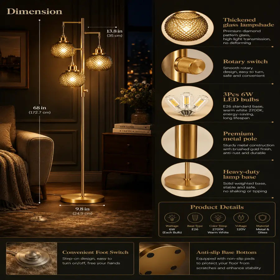 68 Brushed Gold Glass Floor Lamp for Living Room  3-Light Amber Diamond Glass Standing Lamp with Stepless Dimming & 3 LED Bulbs Included for Bedroom, Office & Modern Home Décor