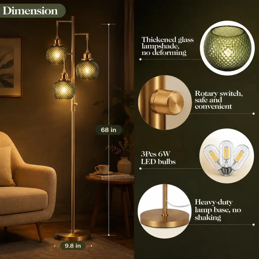68 Brushed Gold Glass Floor Lamp for Living Room  3-Light Amber Diamond Glass Standing Lamp with Stepless Dimming & 3 LED Bulbs Included for Bedroom, Office & Modern Home Décor