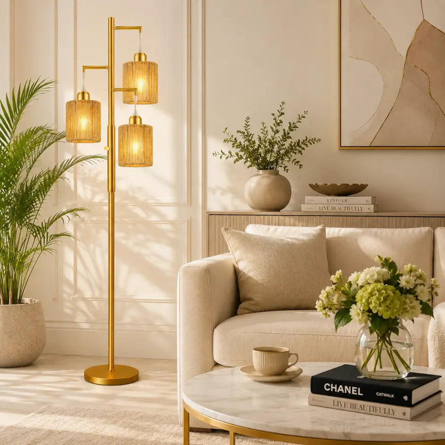 A modern floor lamp with a gold-finished frame and three glowing cylindrical shades stands in a styled living room beside a cream sofa, coffee table, plants, and framed wall art.