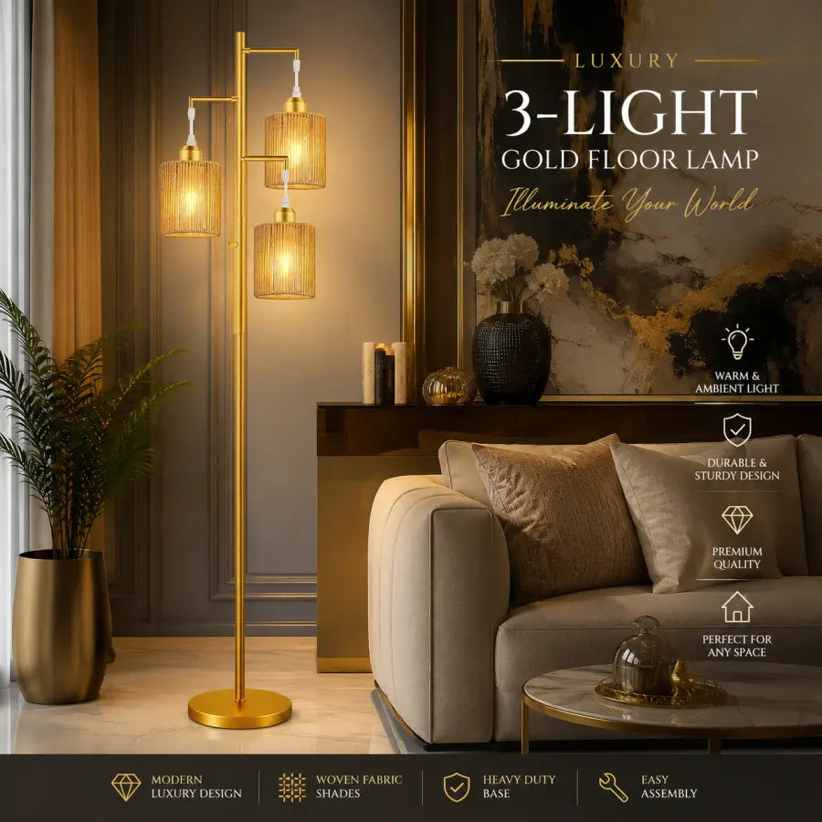 A luxury 3-light gold floor lamp with woven fabric shades, shown lit in a modern living room setting next to a beige sofa. The image includes text overlays highlighting the lamp's features and benefits.