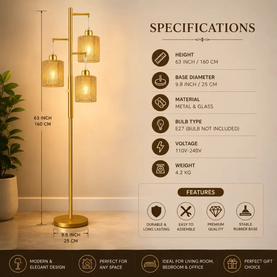 A gold three-light floor lamp with cylindrical glass shades is shown in a room setting with dimension labels and a specifications panel. The image includes text listing height, base diameter, material, bulb type, voltage, weight, and feature highlights.