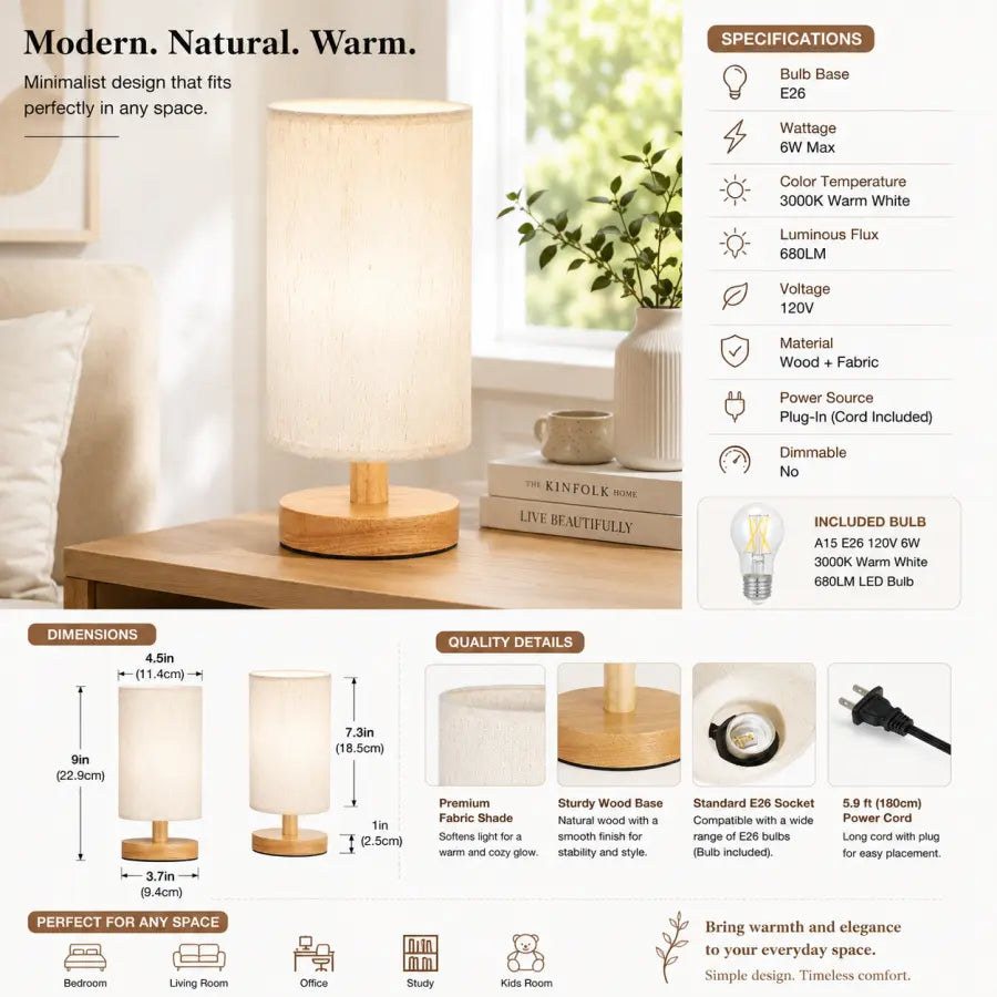 A modern, minimalist wooden table lamp with a warm glowing shade and light wood base, shown in a styled home setting on a wooden table next to books and a plant. The image is a multi-panel infographic detailing the product's specifications, dimensions, quality details, and layout options.
