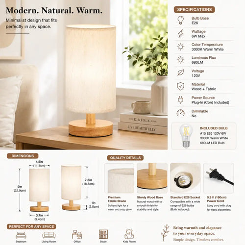 A modern, minimalist wooden table lamp with a warm glowing shade and light wood base, shown in a styled home setting on a wooden table next to books and a plant. The image is a multi-panel infographic detailing the product's specifications, dimensions, quality details, and layout options.